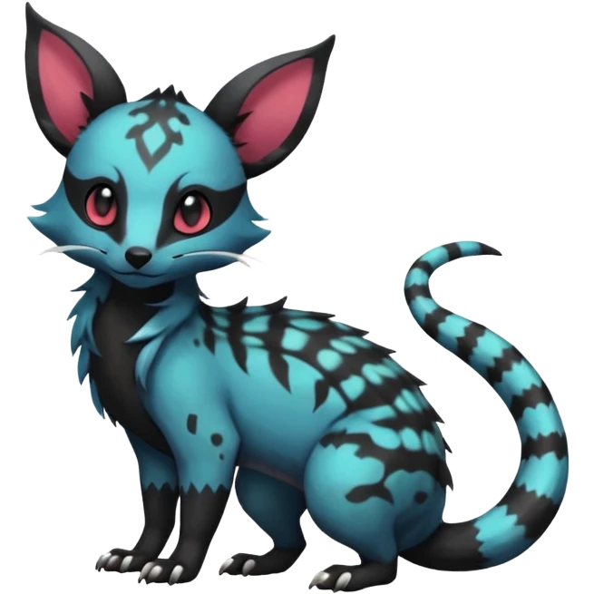 Rare beautiful pretty realistic handsome exotic cute epic aesthetic gothic colorful Salandit-Eevee-Civet-species-Fakemon-hybrid-creature, with markings, full body emoji