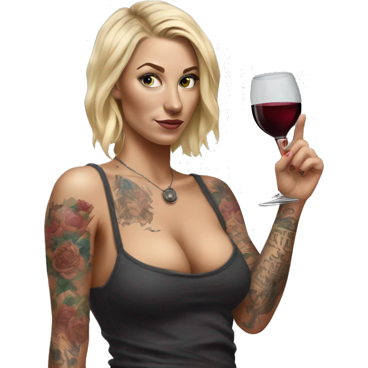 Blonde women in, her body covered with tattoos, wine in her one hand, pointing on you with her other hand , Hyper realistic  emoji