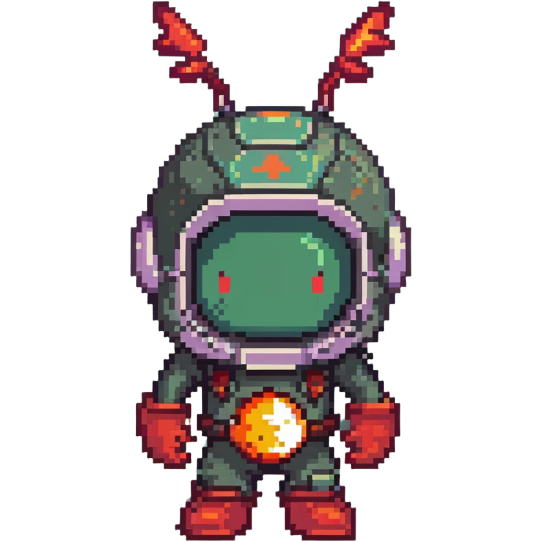 Red bomberman character, round helmet with antenna, fiery design elements, determined expression, pixel art style emoji