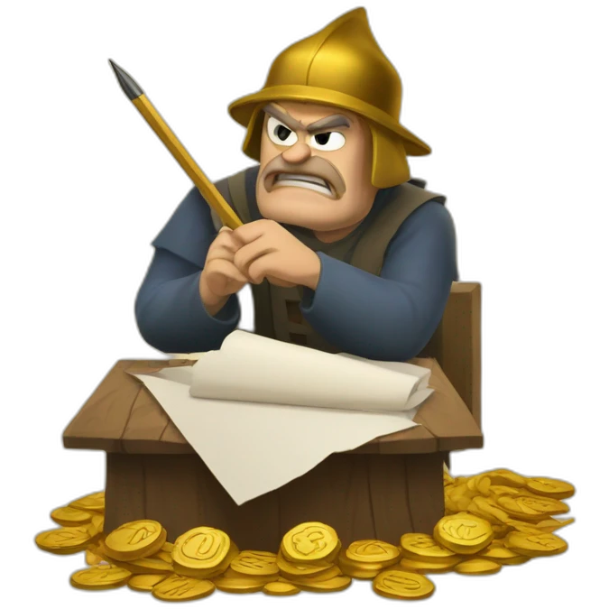 middle ages taxman, angry, writing on a paper, pile of gold emoji