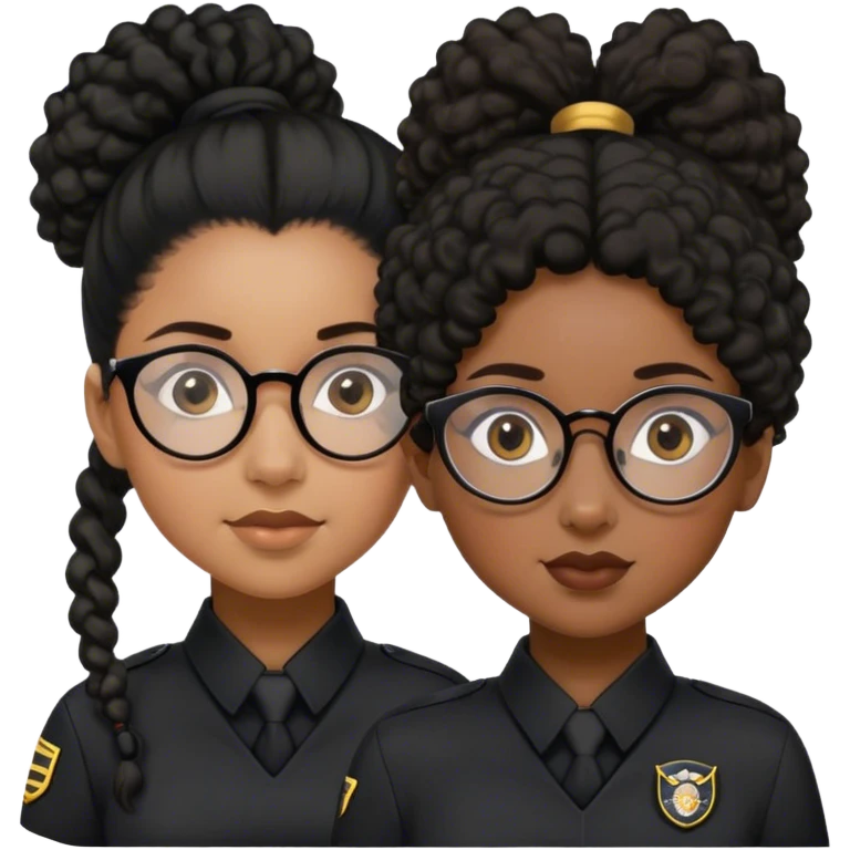 femme pilote d'avion en uniforme noir aux cheveux bouclés noir et petites lunettes arrondis identique avec des cheveux très long et la peau noir mais légèrement plus claire avec les cheveux attachés in a ponytail 1 seule personne, cheveux moins épais  emoji