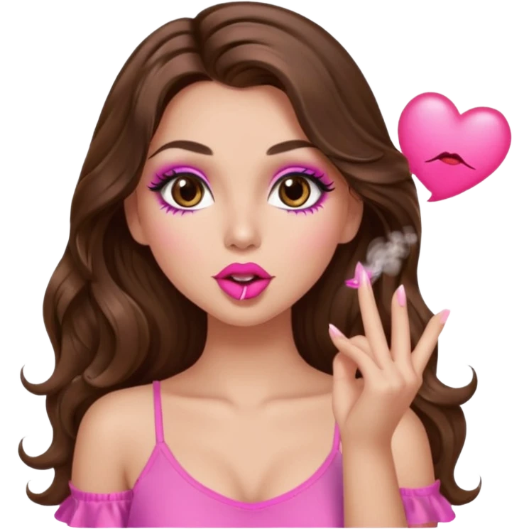 girl with long wavy brown hair, brown eyes, long lashes makeup, sexy pink lips, light to medium complexion, wearing a pink sexy top, blowing a kiss emoji