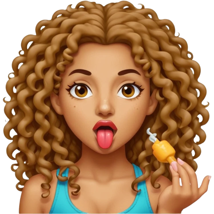 a mixed girl with long curly hair sticking her tongue out with spit emoji