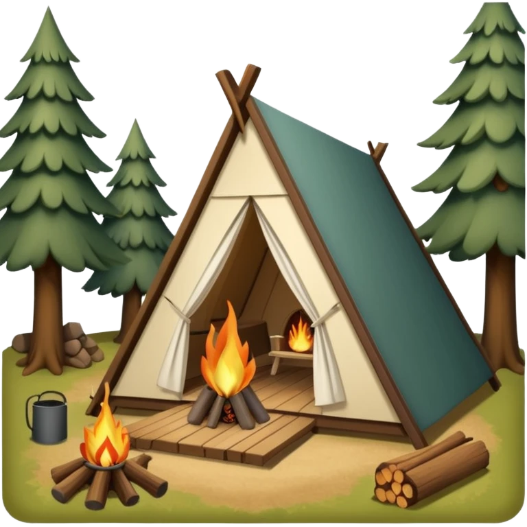 A-Frame house in a glamping setting, with trees and a campfire emoji