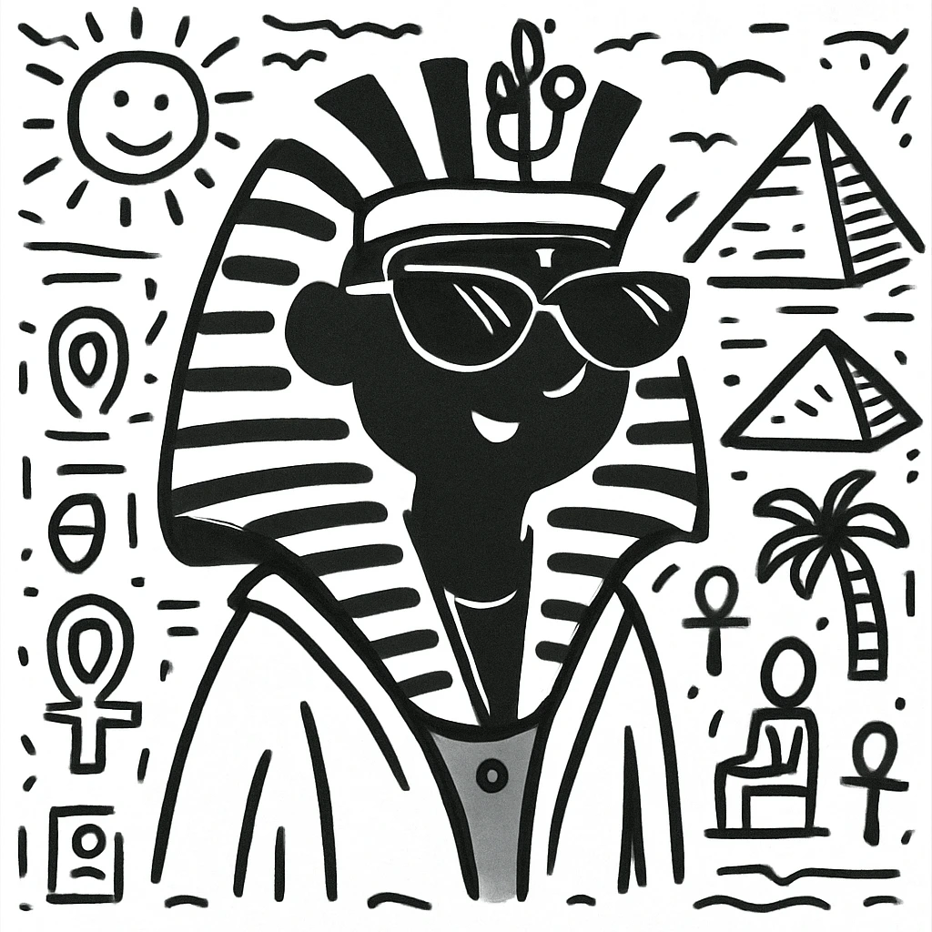 Add an Egyptian background behind the pharaoh with sunglasses and black skin, maintaining the doodle style look. emoji