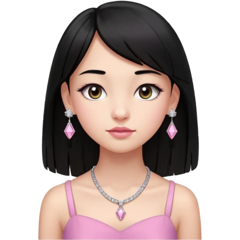 Cabelos pretos longos lisos ,com franja curvada  na altura do queixo .olhos pretos puxadinho para cima. Cílios longos curvados. Pele clara ,nariz pequeno ,lábios carnudos ,adolescente 16 anos ,vestido rosa de alça, colar pequeno prata ,brinco de diamante pequeno  emoji