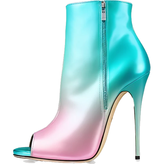 Realistic isolated top front view of a pair of metalliic tiffany blue to pastel pink ombre Jimmy Choo peep toe stiletto ankle booties. emoji