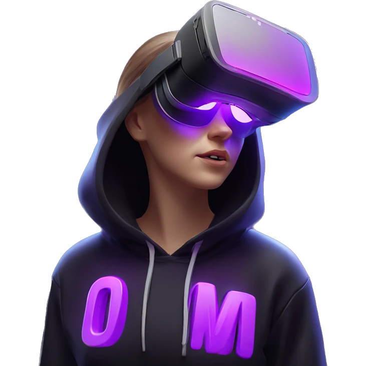 Russian girl wearing black hoody with violet letters "OMG", in vr headset oculus quest2. Standing like jedi. Cyberpunk style. Violet neon. emoji