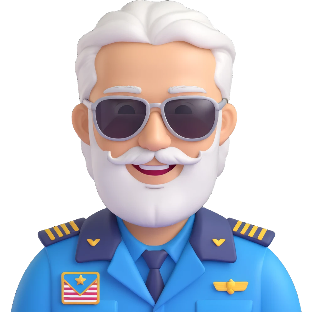middle-aged male pilot with silver hair, beard, fair skin, smiling, wearing sunglasses emoji