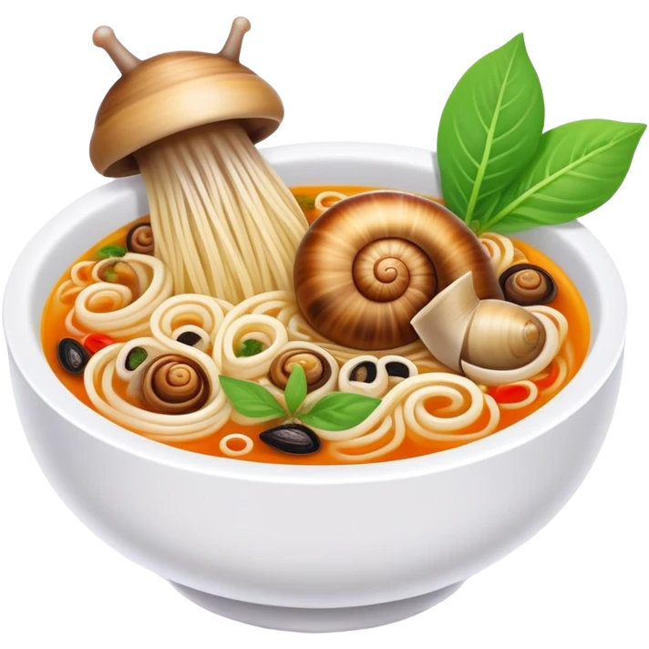 Liuzhou Snail Rice Noodles spicy soup with river snails, simplified emoji style with bold outlines and bright colors, cartoon style Guangxi specialty food emoji