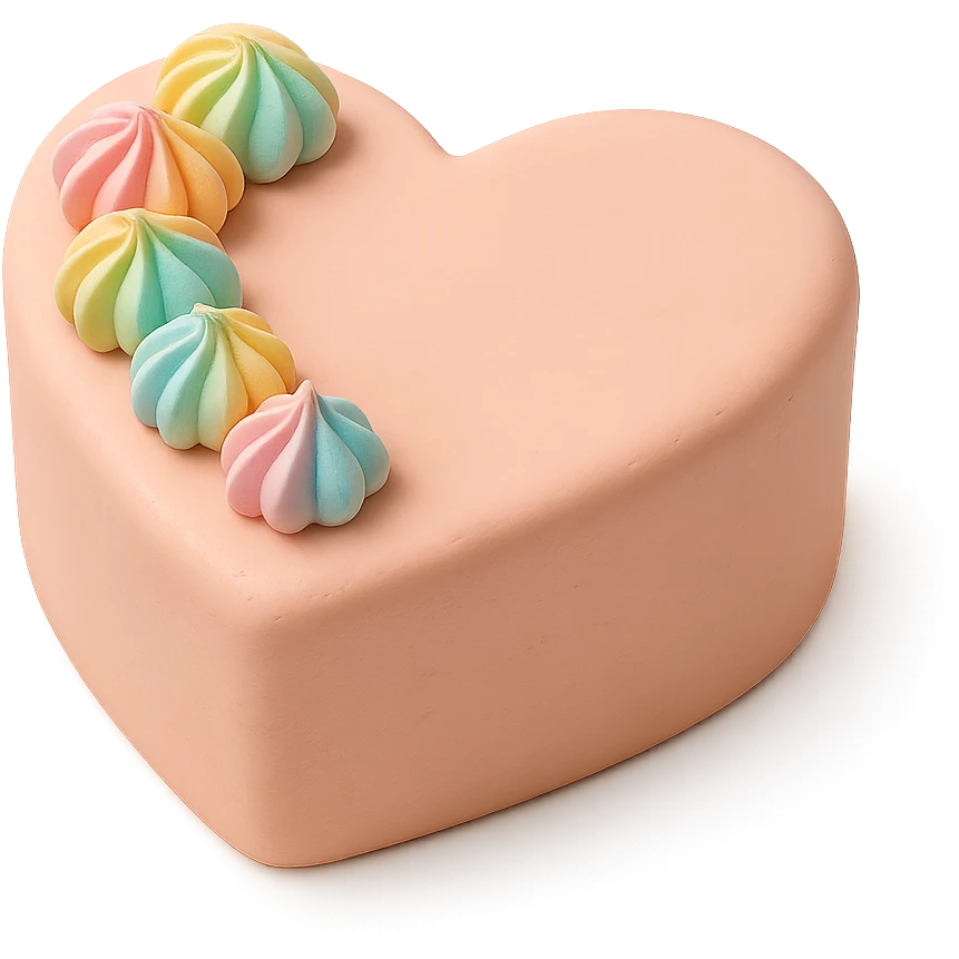 heart-shaped fondant cake with rainbow meringues emoji