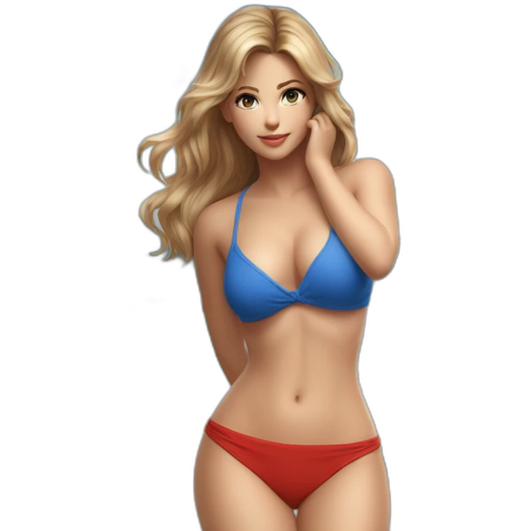 Sexy pose soft curvy woman Dark-blond-hair blue-eyes red bikini (beach body) realism emoji