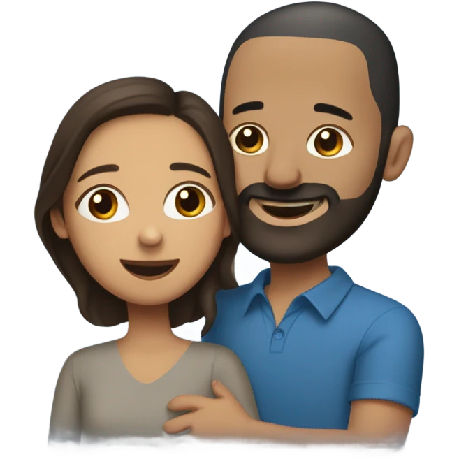 Brunette Puerto Rican with dark brown eyes wearing a cute blue blouse giving comforting hug to short, bald man with brown eyes, laugh lines, and a beard emoji