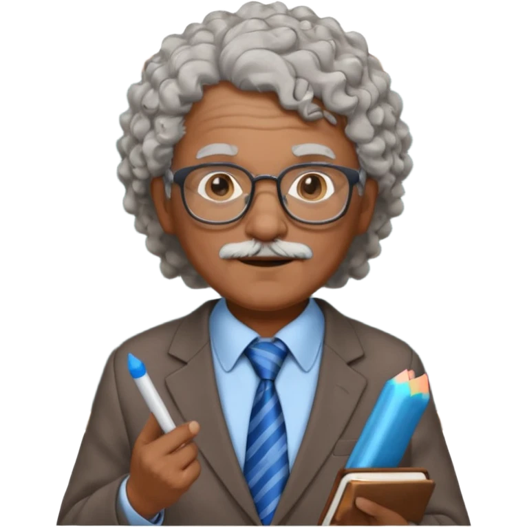 old man teacher, brown skin, curly grey white hai, wearing glasses, brown suit, blue tie hold chalk on hand emoji