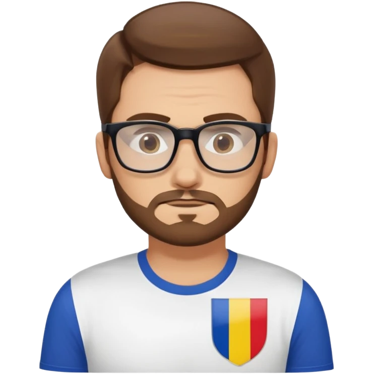 A brown-haired white man with a designer stubble beard and rectangle glasses. He shrugs. In the background the Romania flag. emoji