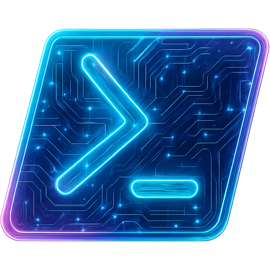 Transform the Windows Powershell icon into a cyberpunk, holographic style with glowing neon blue and pink edges, circuit patterns throughout the entire icon, and a transparent background. Maintain the recognizable slanted rectangle and >_ symbol, overlaying neon and circuit effects in the same futuristic, clean style as previous cyberpunk icons. The whole icon should have a consistent cyberpunk glow and intricate circuit details in a futuristic, clean style. emoji