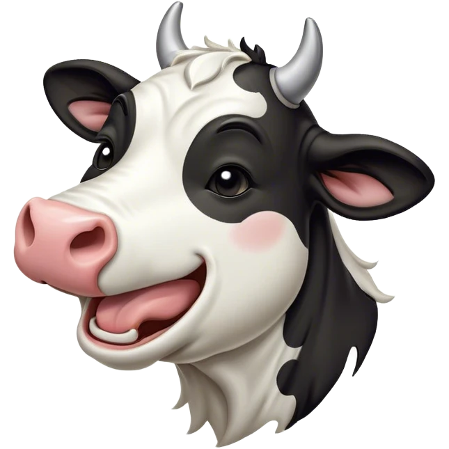 Cinematic Cute Yawning Black and White Cow Portrait Emoji, Head tilted slightly with a dramatic, wide-open yawn, showcasing a smooth, contrasting coat of black and white, floppy ears slightly drooping, round brown eyes barely open in drowsy contentment, Simplified yet irresistibly adorable features, highly detailed, glowing with a soft, cozy glow, high shine, relaxed yet expressive, stylized with a touch of modern whimsy, bright and endearing, soft glowing outline, capturing the essence of a sleepy yet affectionate cow, so drowsy it feels like it could stride out of the screen and curl up for a nap! emoji