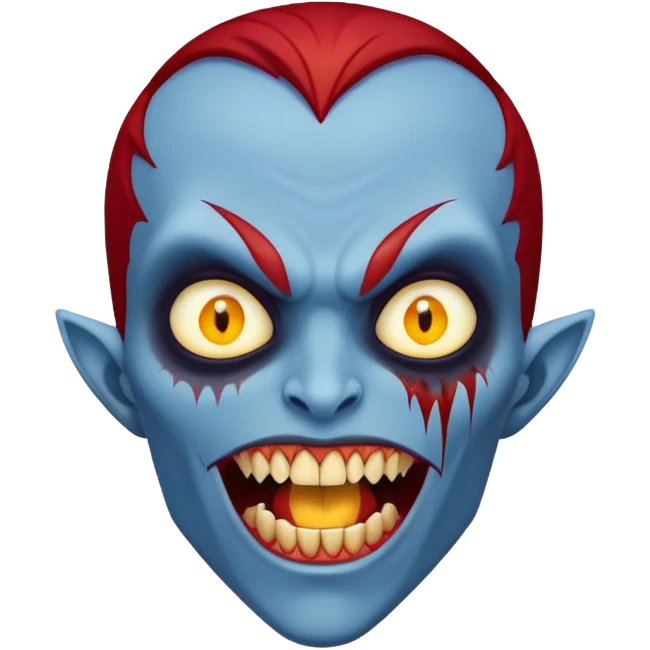 blue skinned person with red hair yellow eyes and big vampire fangs emoji