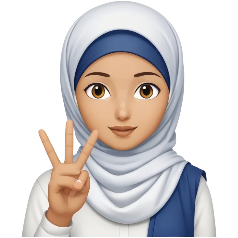 White hijab girl wearing white tshirt and dark blue hijab doing peace sign emoji