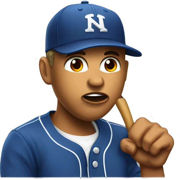 Huge with backwards baseball hat biting lip and pointing to his cheeck emoji