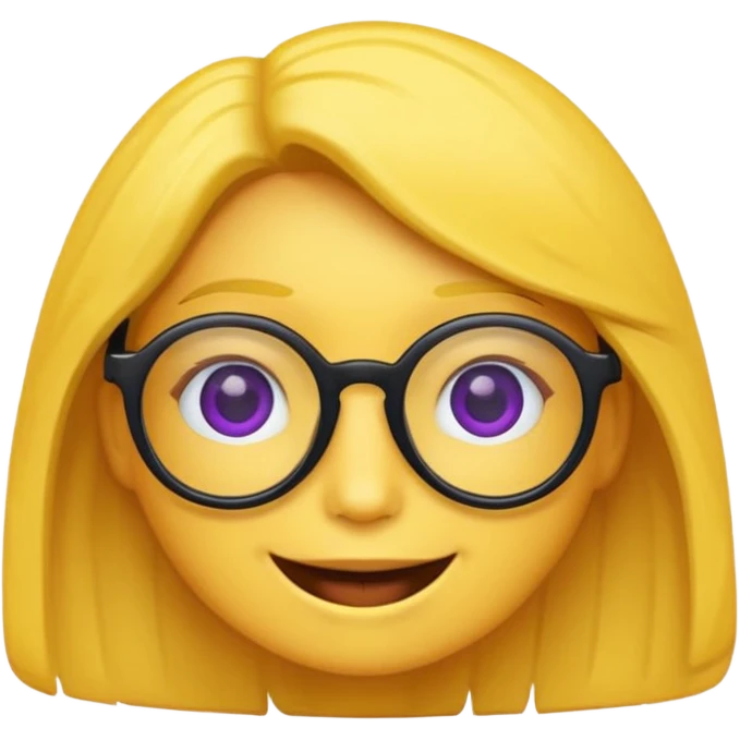 un emojis amarillo, con el cabello negro corto lacio,   con lentes violeta y una sonrisa emoji
