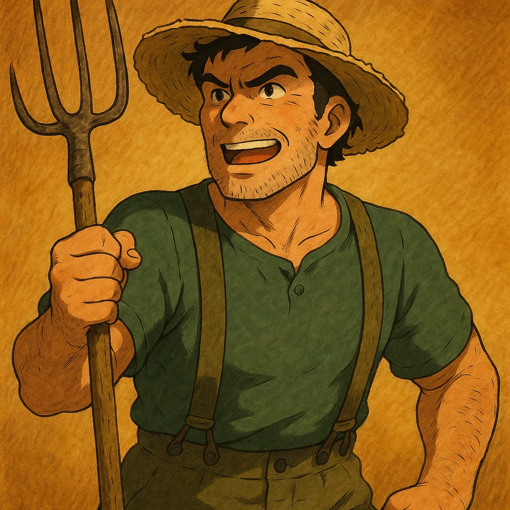 highly detailed illustration of a robust middle-aged farmer with sun-bleached face, black hair, strong jaw, furrowed brow, three-day beard, green trousers with suspenders, green T-shirt, straw hat, clutching rustic pitchfork, determined and excited, warm golden-brown textured background, bold lines, vibrant earth tones, dramatic lighting, rural America emoji