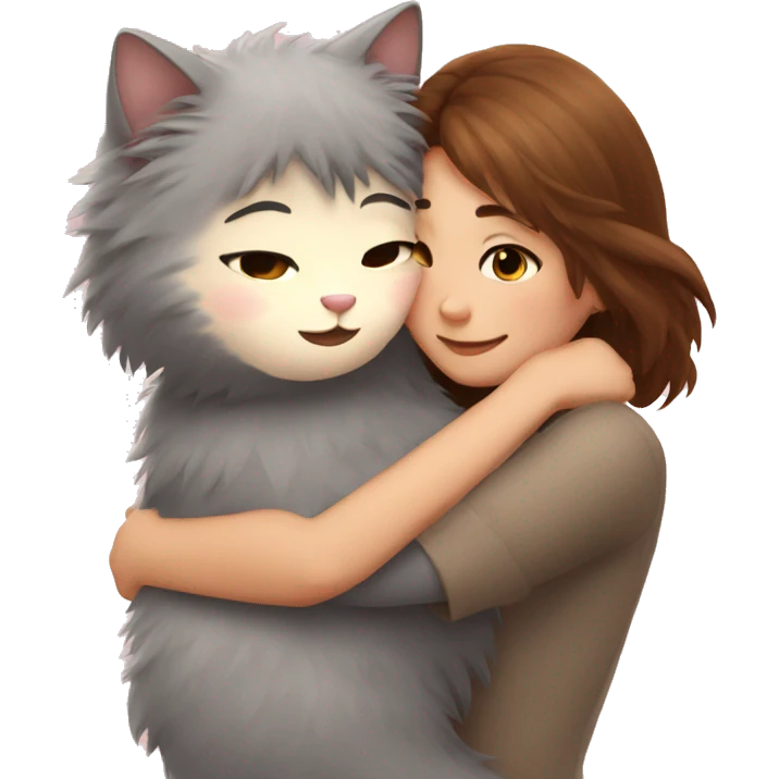 Fluffy grey cat hugging brown hair girl emoji