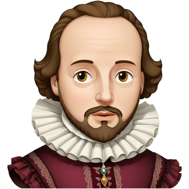 Cinematic Realistic portrait of William Shakespeare, depicted as an iconic playwright in richly detailed Elizabethan attire with a ruffled collar, expressive eyes, and a thoughtful gaze, bathed in dramatic historical lighting that evokes the Bard’s timeless legacy emoji