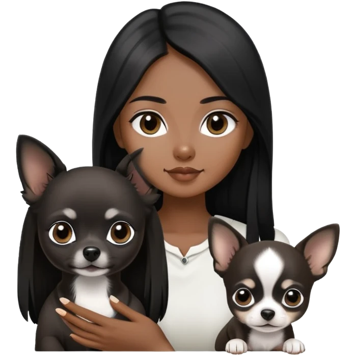Thai woman with long straight black hair next to a small black and white Chihuahua puppy emoji