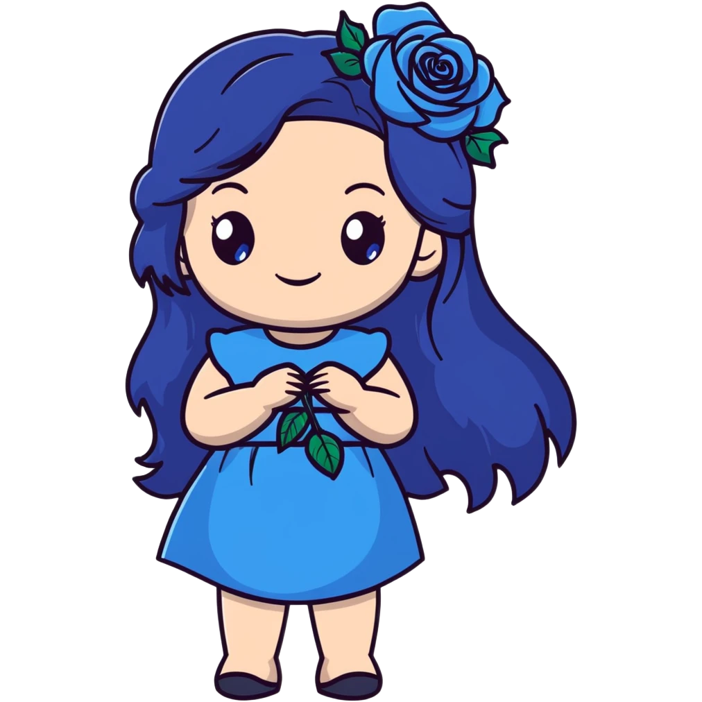 anime style girl with long dark blue hair, blue rose hair accessory, bright blue eyes, black dress, friendly smile emoji