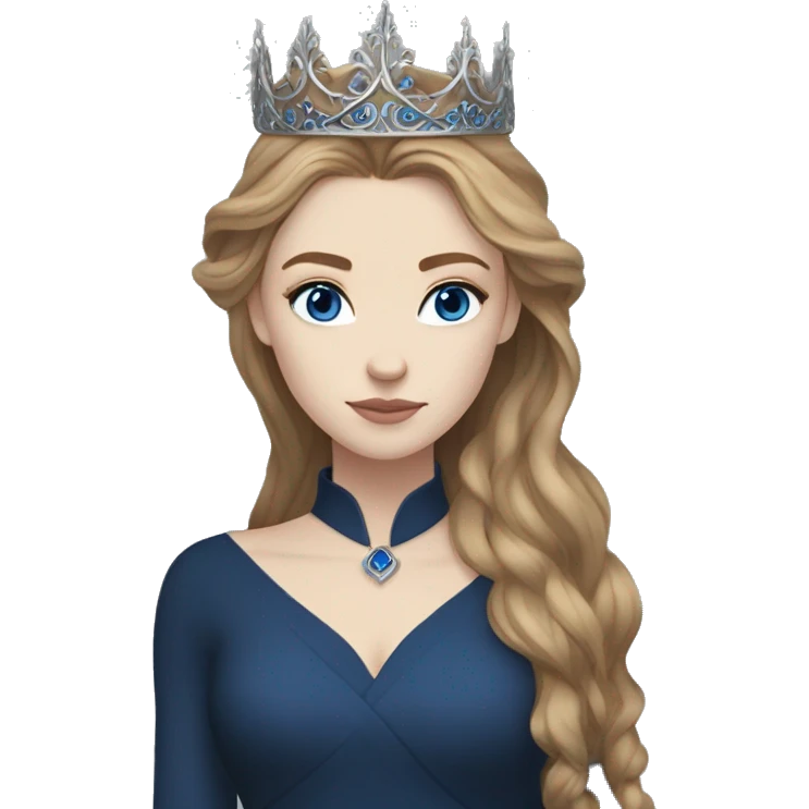 Feyre has pale skin, golden-brown hair and blue-grey eyes. She has a dark blue dress on with a silver crown emoji