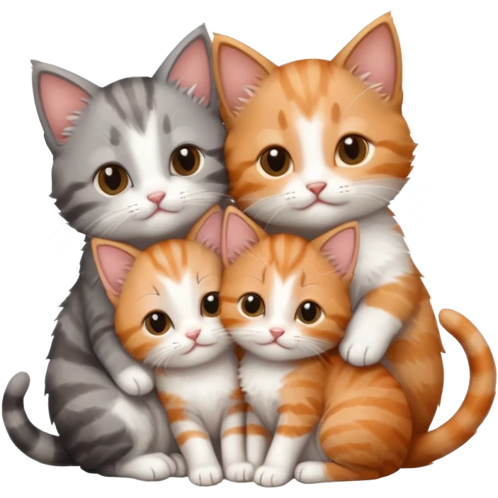 6 tiny kittens cuddling together all different colours, the first one is grey and white, the second is ginger and white and the third is brown tabby and white emoji