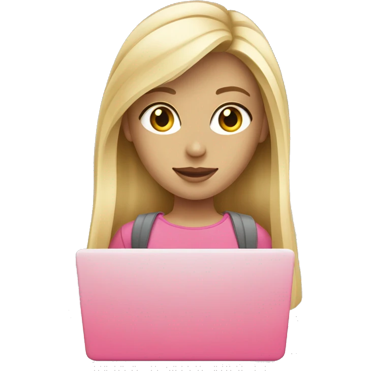 Graphic designer blonde girl with long hair and fair skin with grey eyes with Pink laptop  emoji