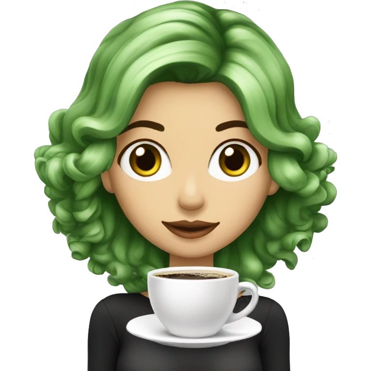 Mulher branca de olhos verdes e cabelo preto tomando café emoji