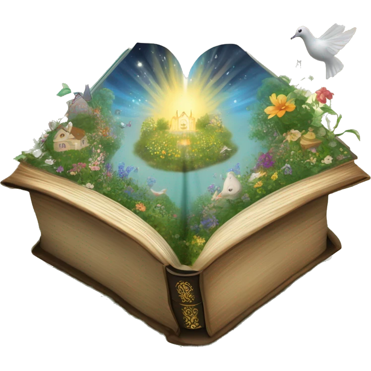 Holy Bible with a magical garden with fairies, doves, whimsical garden coming out from it  emoji