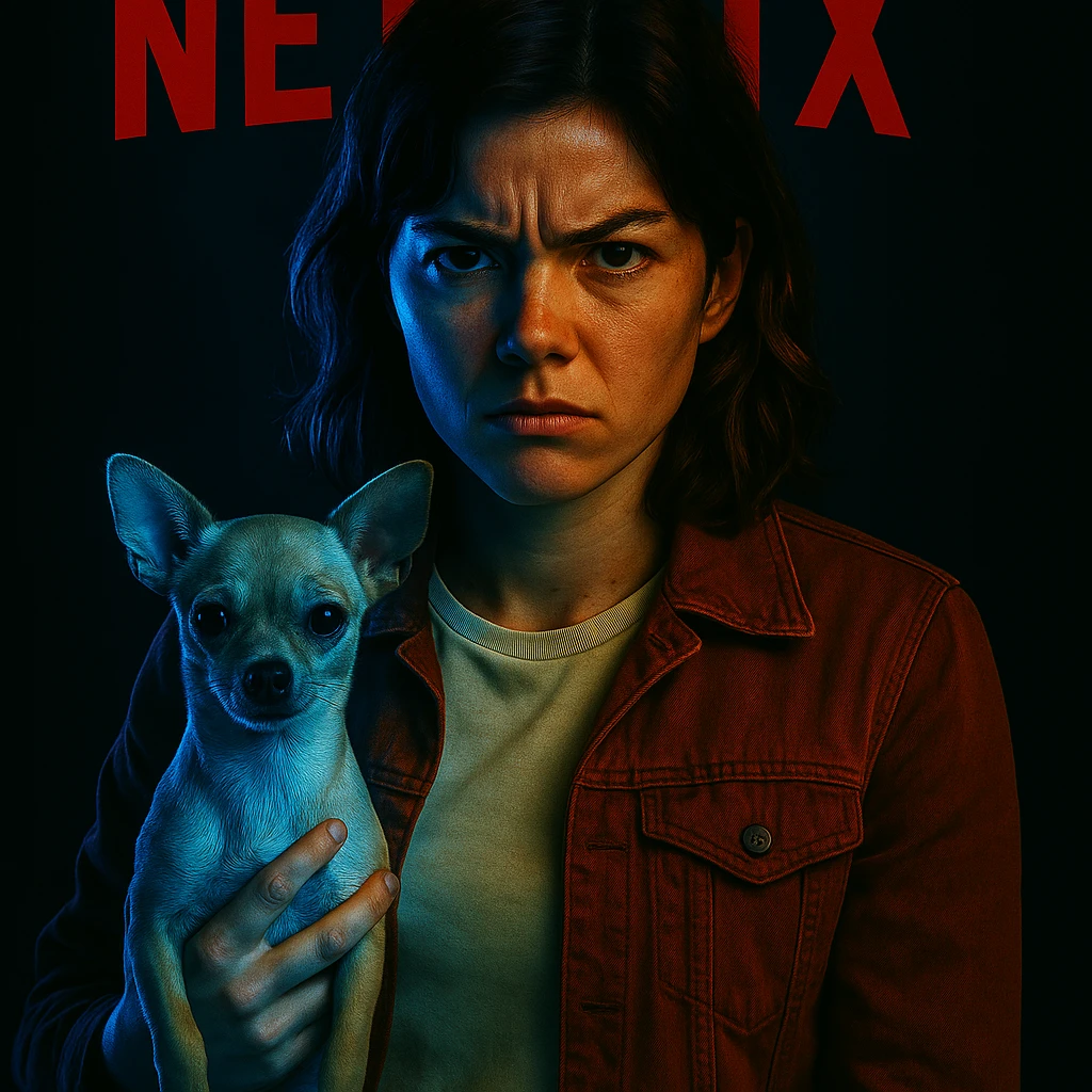 Add a blue luminous effect on the left side of the face and the chihuahua, in the style of a Netflix series poster, maintaining the dark ambiance. emoji