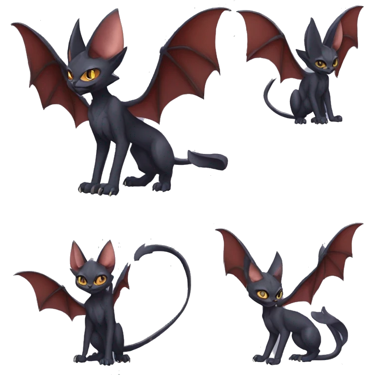 Black cool vampiric Noivern-Litten-Sphynx-Lykoi-Caracal-Fakemon with big bat ears full-body emoji