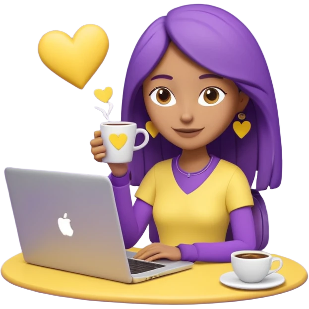 3D clay character relaxed with laptop and coffee, floating icons (envelope, heart, dollar), purple (#8B5CF6) outfit, bright yellow (#FBBF24) icons, white laptop, Pixar style, transparent background emoji