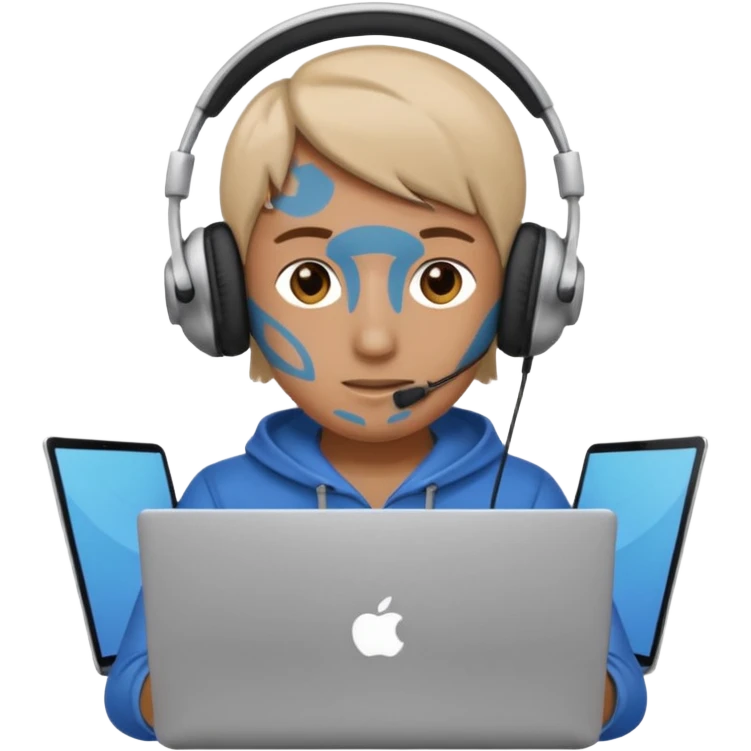 laptop ile çalışan kulaklık tana biri, bilgisayar logosuz olsun emoji