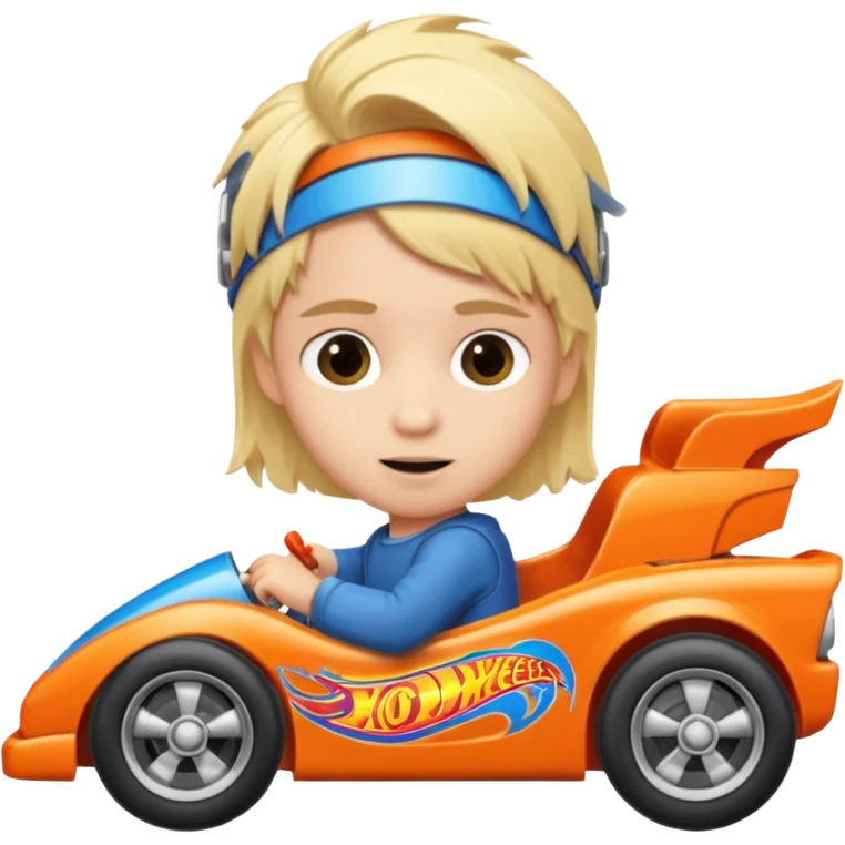 Kid with blonde hair driving a hot wheels emoji