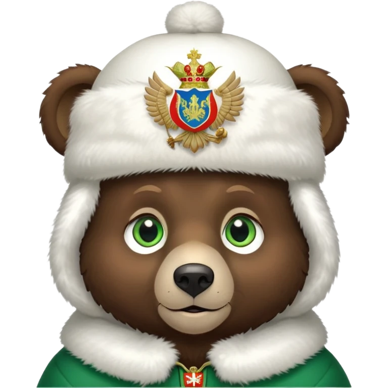 Very cute dark brown bear face with big green eyes and sweet expression, wearing a completely white fur hat with the Russian Federation coat of arms (double-headed eagle) in the center emoji