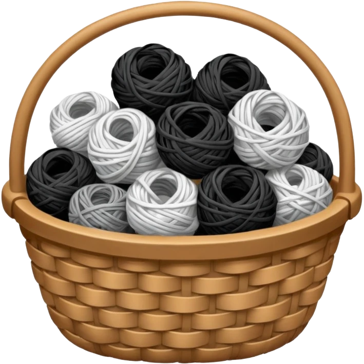 A basket with tangled black and white yarn spilling slightly over the side. emoji