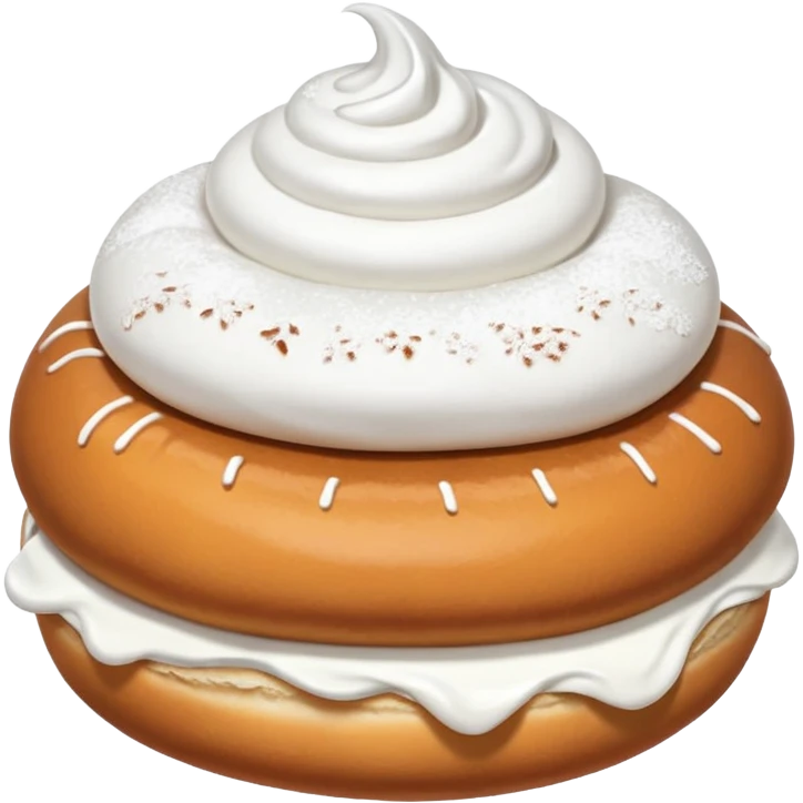 A bun with visible whipped cream in the middle beteween two bun halves and powdered sugar on top emoji