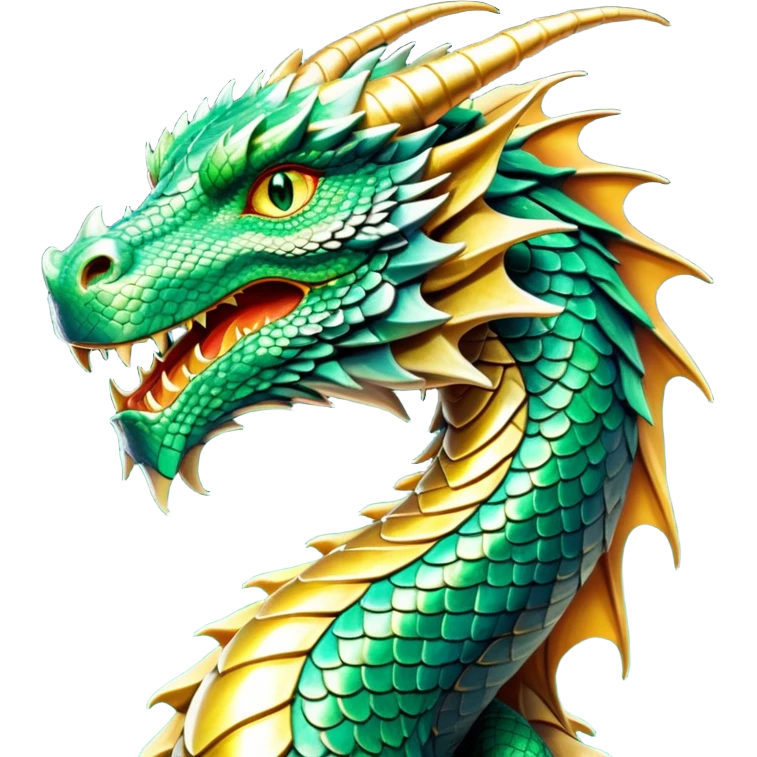 cinematic-noble-dragon-portrait-emoji,-poised-and-majestic,-with-a-sinuous,-elongated-body-covered-in-intricately-detailed,-shimmering-scales-in-hues-of-emerald-and-gold,-and-piercing,-fiery-eyes-that-reflect-ancient-wisdom; emoji