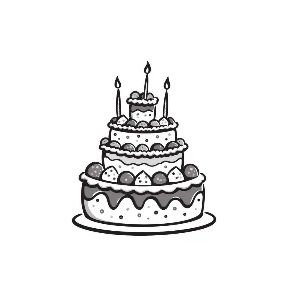 Decorated cake with multiple layers, frosting, and decorative elements. Using specific pastel colors (dd9fb0, ffc6d3, a3bfc9, c4bee2, f1b091). Hand-drawn doodle style with intricate details of icing, sprinkles, and possibly candles or berries. Transparent background. emoji