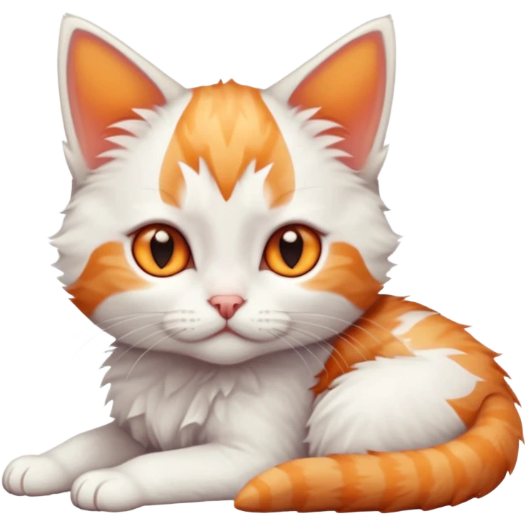 full body of very small + skinny ginger and white kitten with deep orange eyes and triangular shaped face lying down emoji