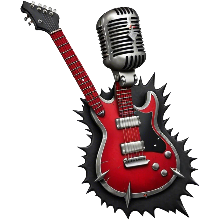 Create a powerful and dynamic humanless emoji representing rock vocals. The design should feature a classic vintage microphone with a rugged, distressed look, surrounded by elements like a guitar pick, electric guitar neck, and sound waves to reflect the raw energy of rock music. Add subtle details such as a spiked bracelet, leather textures, or bold lightning bolts to evoke the rebellious and intense spirit of rock. Use dark, edgy colors like black, red, silver, and metallic accents to emphasize the fierce, loud, and passionate nature of rock vocals. The background should be transparent. emoji