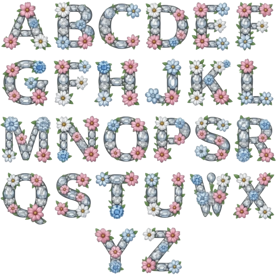 beautiful gemstone shiny floral letters a b c d e f g h i j k l m n o p q r s t u v w x y z emoji