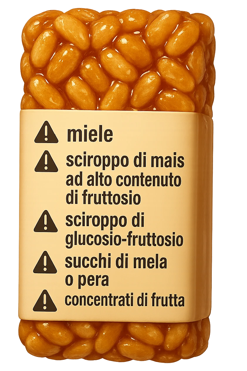 SU QUESTO STILE FAI UN EMOJI STILE IPHONE 3D DI UNa barretta ai cereali con ETICHETTA CON GLI INGREDIENTI SCRITTI, "miele, sciroppo di mais ad alto contenuto di fruttosio, sciroppo di glucosio-fruttosio, succhi di mela o pera,
concentrati di frutta" accanto ad ogni nome scritto mettici un segnale di allarme, FALLO MOLTO REALISTICO IN 3D emoji
