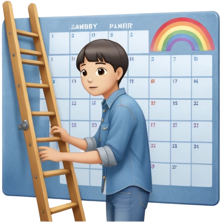 Hair: Bowl-cut with uneven trimming at ears Face: Round cheeks flushed from ladder climbing Clothes: Oversized denim shirt rolled to elbows Action: Placing rainbow notes on glass wall planner emoji
